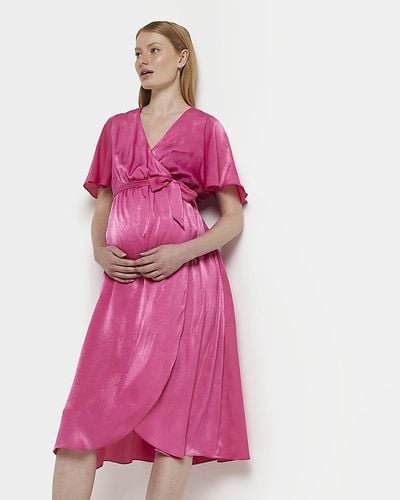 River Island Satin Wrap Midi Dress - Pink