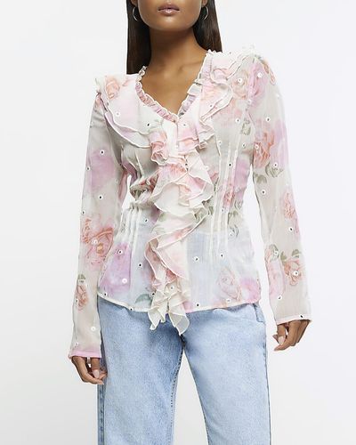 River Island Blouse Pink Chiffon Floral Frill Ruffle - White