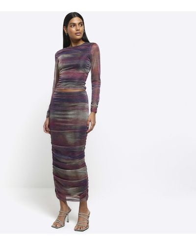 River Island Purple Abstract Ruched Maxi Skirt