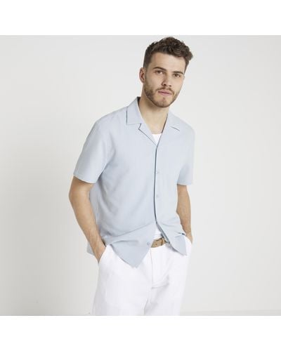 River Island Seersucker Revere Shirt - Blue