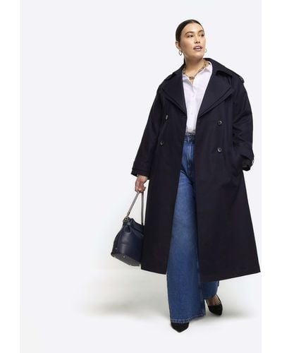 River Island Double Collar Belted Trench Coat - Blue