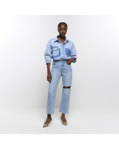 River Island Blue Straight High Waisted Cropped Jeans