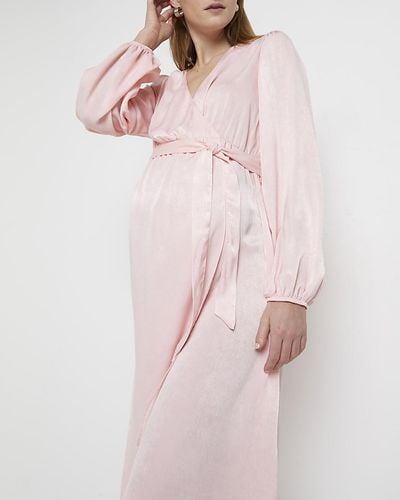 River Island Pink Satin Maternity Wrap Midi Dress
