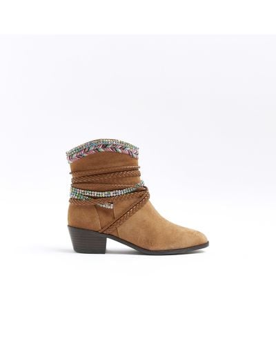 River Island Brown Suede Plaited Embellished Western Boots
