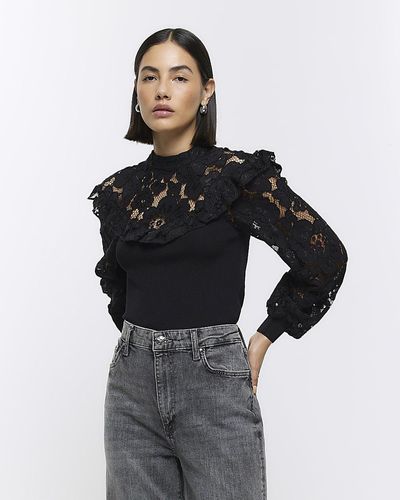 River Island Lace Frill Long Sleeve Top - Black