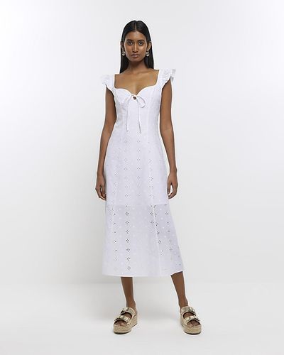 River Island Embroidered Frill Bodycon Midi Dress - White