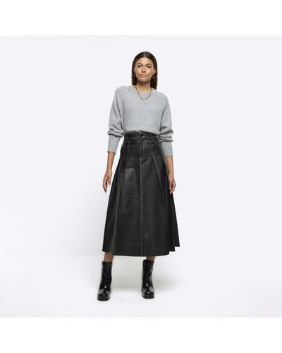 River Island Black Faux Leather Distressed Midi Skirt - White