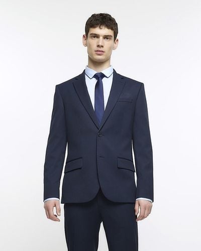River Island Navy Skinny Fit Herringbone Suit Jacket - Blue