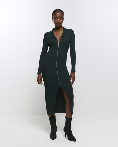 River Island Knit Zip Bodycon Midi Dress - Green