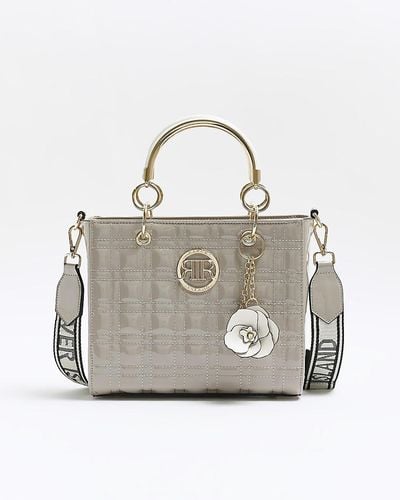 River Island Gray Quilted Corsage Tote Bag - White