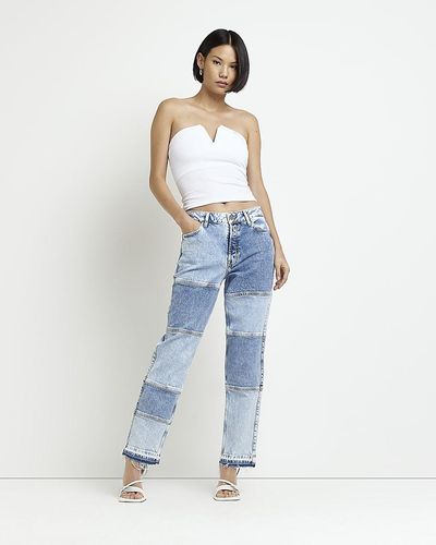 River Island Blue Mid Rise Patched Straight Leg Jeans