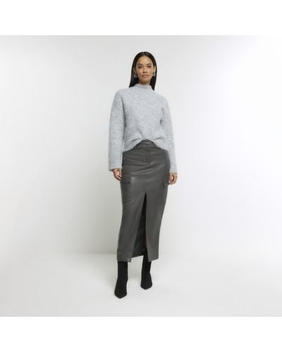 River Island Grey Faux Leather Utility Maxi Skirt