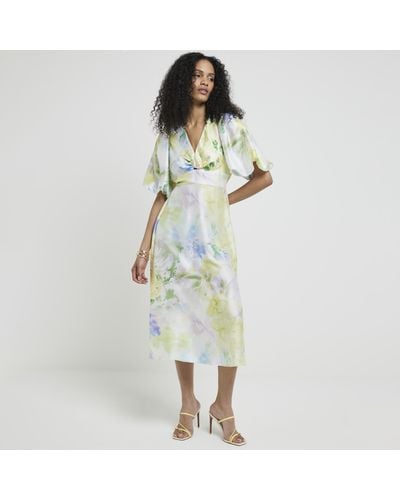 River Island Floral Puff Sleeves Dress - Green