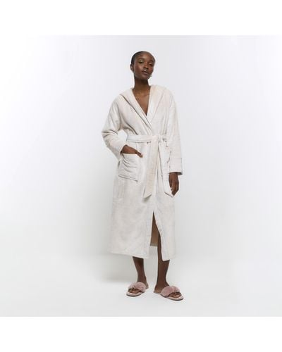 River Island Fluffy Hooded Dressing Gown - White