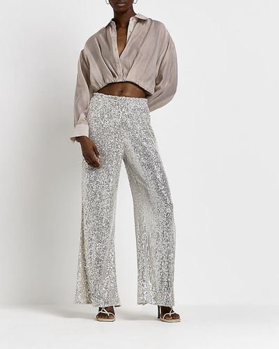 River Island Silver Sequin Flared Pants - Gray