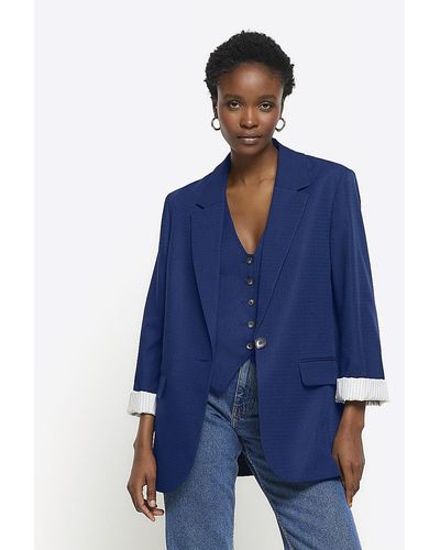 River Island Navy Rolled Sleeve Relaxed Blazer - Blue