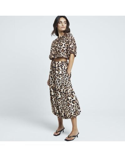 River Island Beige Leopard Print Bubble Hem Midi Skirt - Metallic