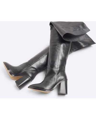 River Island Black Leather Thigh High Heeled Boots - Grey