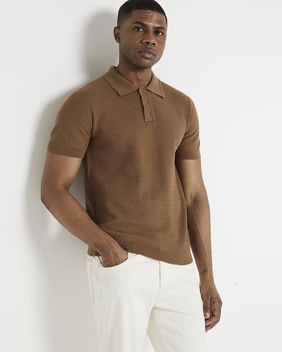 River Island Textured Knit Polo - Brown
