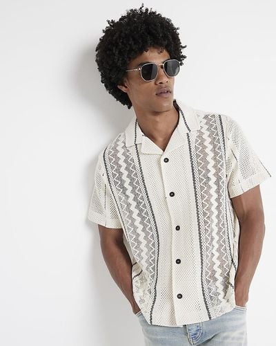River Island White Regular Fit Crochet Stripe Revere Shirt