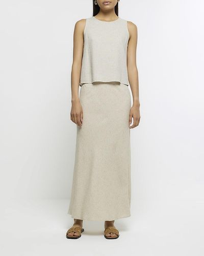 River Island Beige Midi Skirt With Linen - Natural