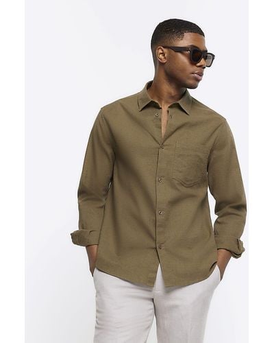 River Island Khaki Regular Fit Linen Blend Shirt - Green