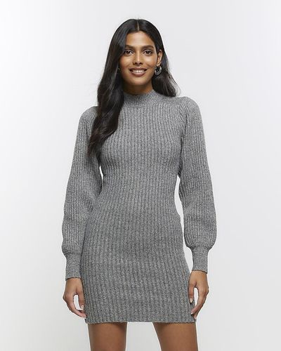 River Island Knitted Puff Sleeve Sweater Mini Dress - Gray