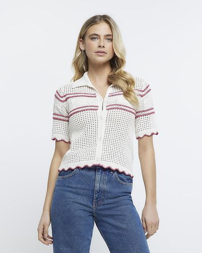 River Island Cream Crochet Stripe Polo T-shirt - White