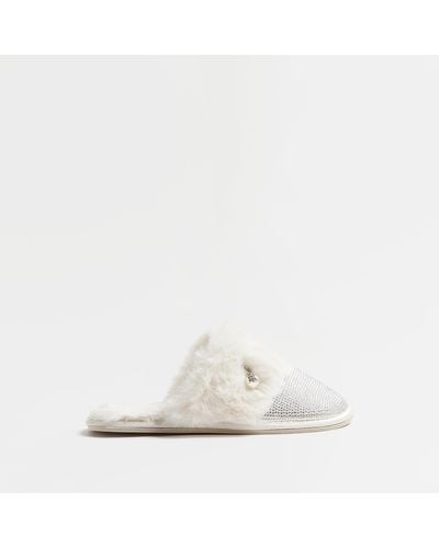 River Island Cream Diamante Faux Fur Slippers - White