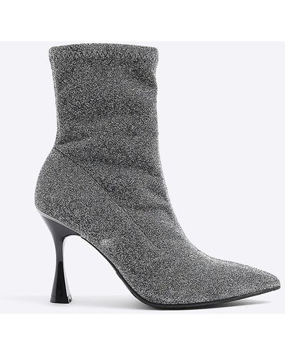 River Island Silver Wide Fit Glitter Heeled Ankle Boots - Gray