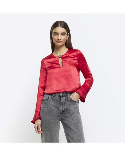 River Island Satin Button Keyhole Blouse - Red