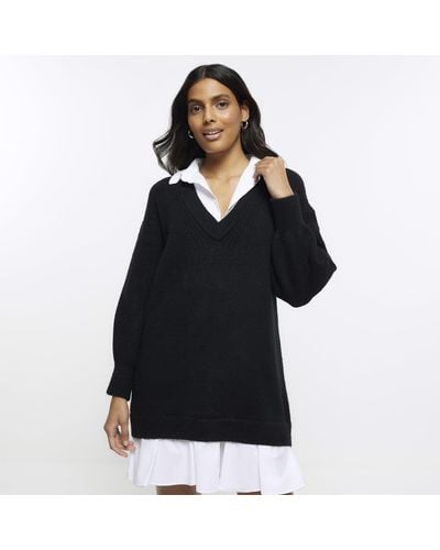 River Island Shirt Hybrid Sweater Dress - Black