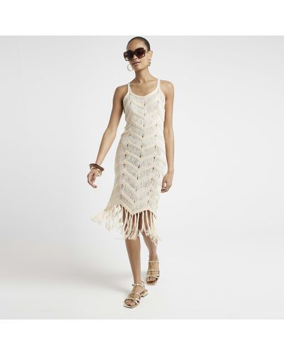 River Island Cream Crochet Fringe Hem Bodycon Midi Dress - White