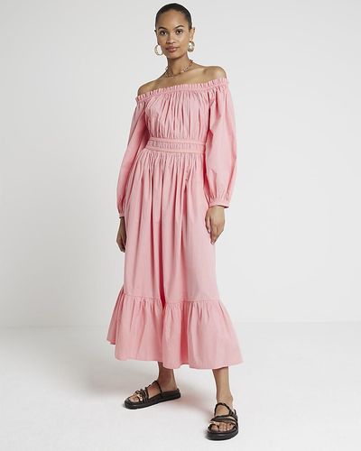 River Island Pink Ruched Bardot Midi Dress
