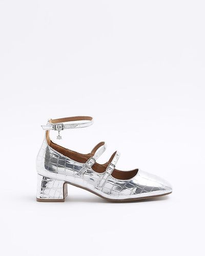 River Island Silver Strappy Block Heeled Court Shoes - White