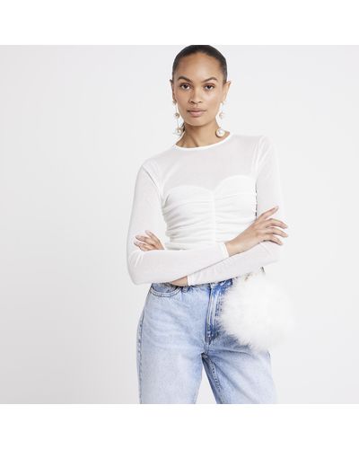 River Island Cream Mesh Ruched Long Sleeve Top - White