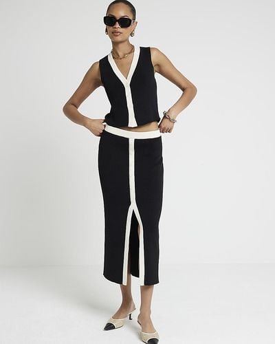 River Island Black Knit Taped Midi Skirt - White