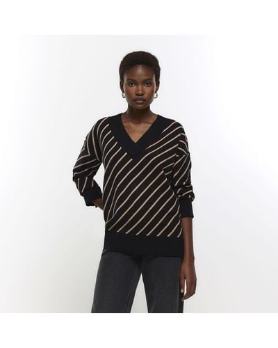 River Island Stripe V-neck Sweater - Black