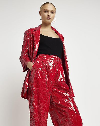 River Island Sequin Wide Leg Trousers - Red