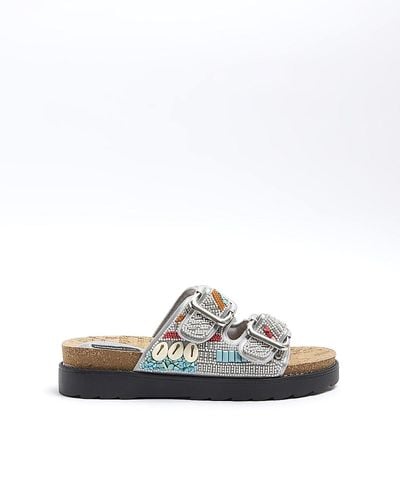 River Island Silver Beaded Strap Sandals - White