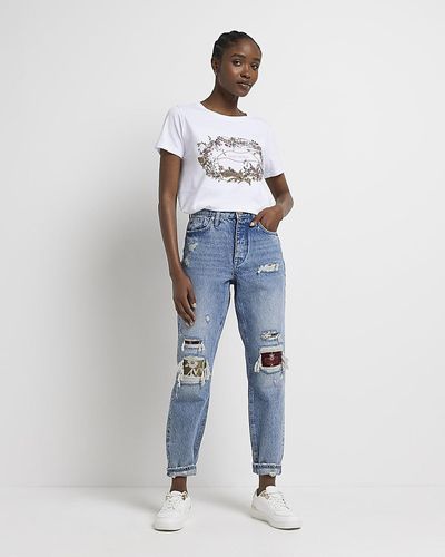 River Island Blue Ripped High Waisted Mom Jeans