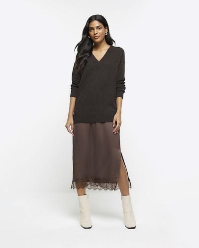 River Island Satin Sweater Midi Dress - Brown