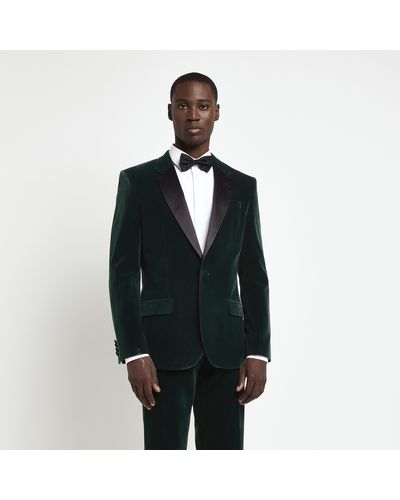 River Island Dark Green Velvet Tuxedo Slim Suit Jacket - Black