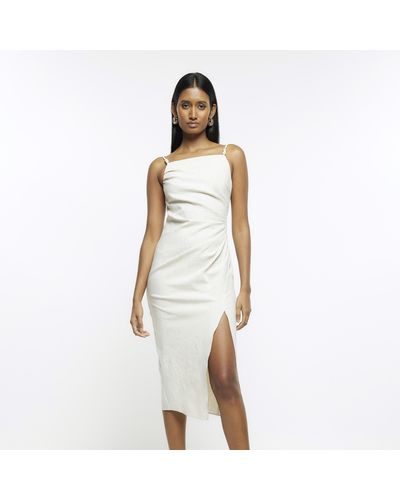 River Island Cream Ruched Bodycon Midi Dress With Linen - White