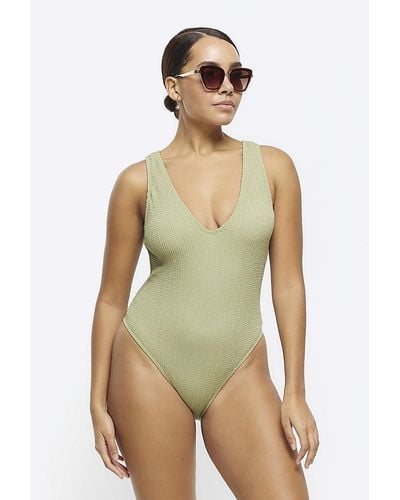 River Island Khaki Textured Plunge Swimsuit - Green