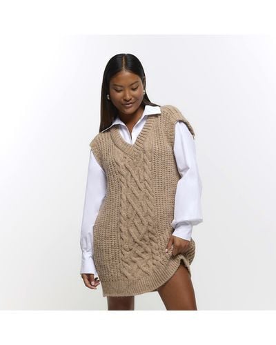 River Island Petite Beige Knit Hybrid Sweater Mini Dress - Natural