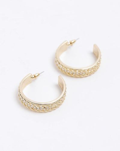 River Island Gold Color Stone Hoop Earrings - White
