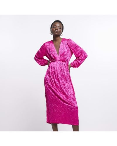 River Island Pink Long Sleeve Wrap Midi Dress