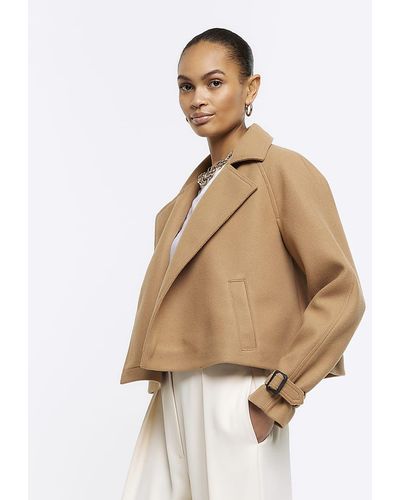 River Island Brown Faux Wool Crop Trench Coat - Natural