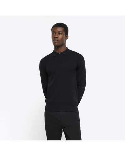 River Island Black Muscle Fit Cable Knit Half Zip Polo - Blue